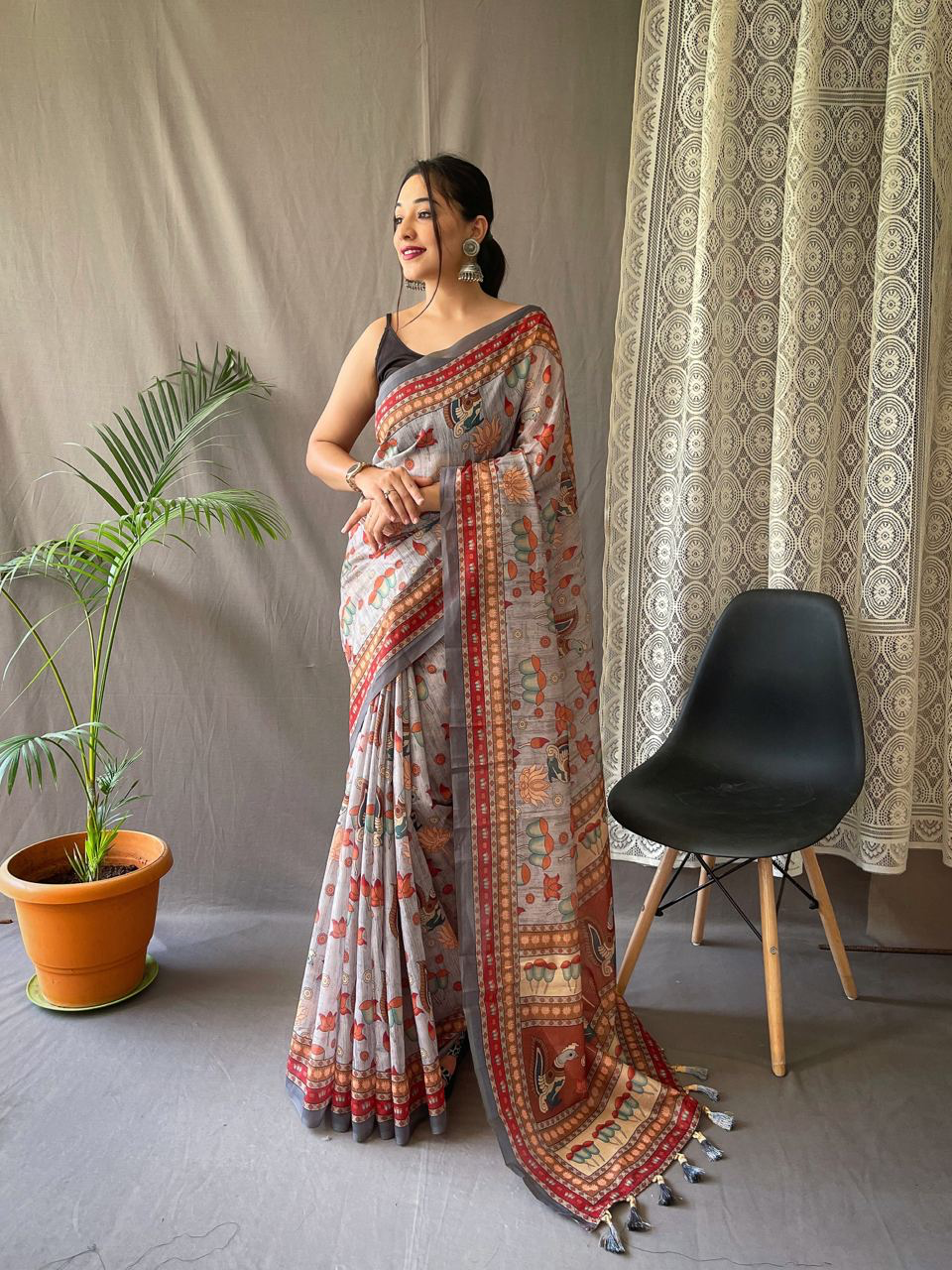 Handmade Grey Indian Saree – Traditional Block Print Cotton Silk Sari with Ethnic Motifs | Artisan Crafted Sustainable Fashion from India (BLACKLUXE CRAFTS)