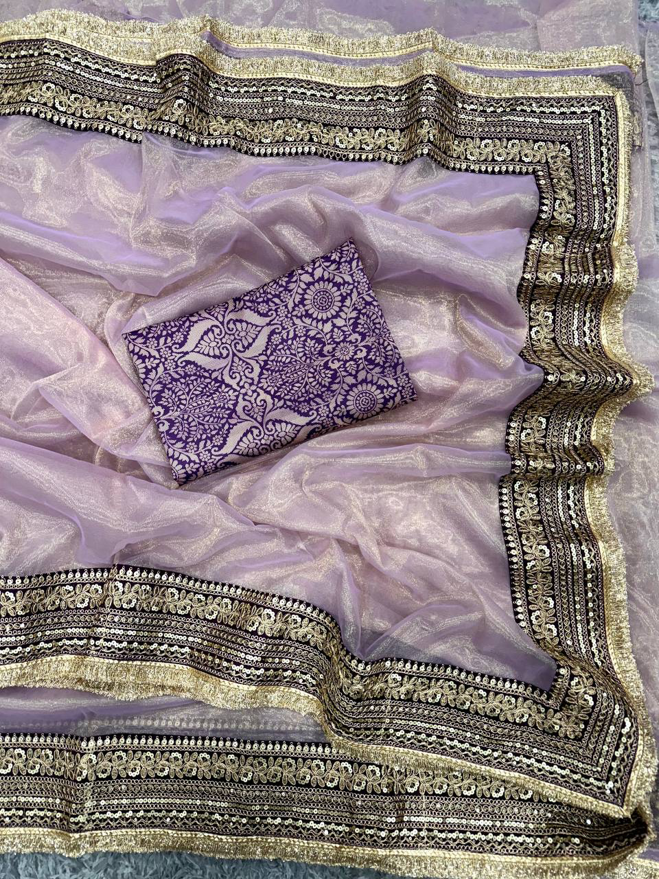 Handmade Designer Banarasi Saree with Zari Border – Elegant Purple & Gold Silk Saree for Wedding & Party Wear | Indian Ethnic Wear (BLACKLUXE CRAFTS)