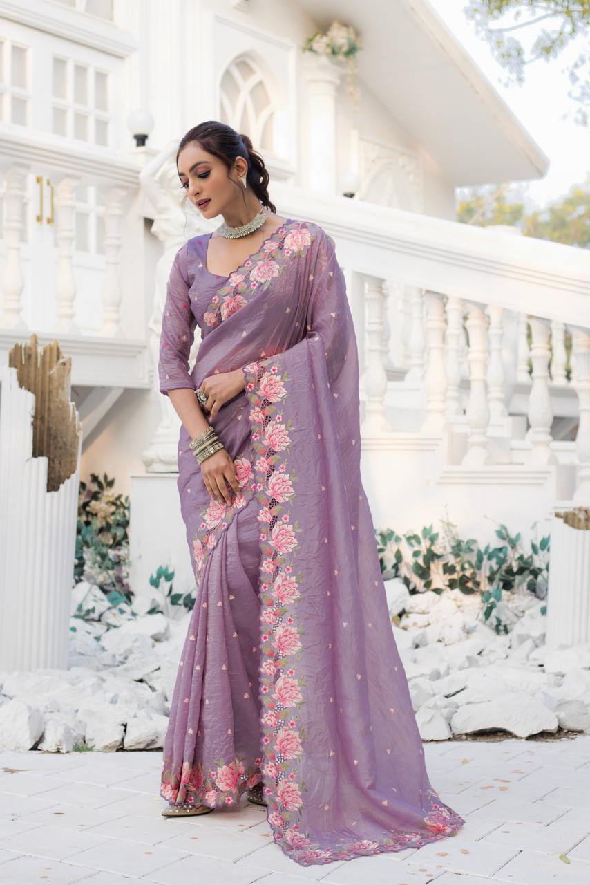 Handmade Lavender Organza Saree with Pink Floral Embroidery | Ethnic Indian Wedding Saree | Lightweight Party Wear Saree for Women (BLACKLUXE CRAFTS)