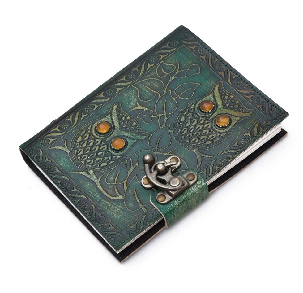 Handmade Green Leather Journal with Owl Embossing – Vintage Lock Diary for Writing, Sketching & Gifting (BLACKLUXE CRAFTS) - BLACKLUXECRAFTS