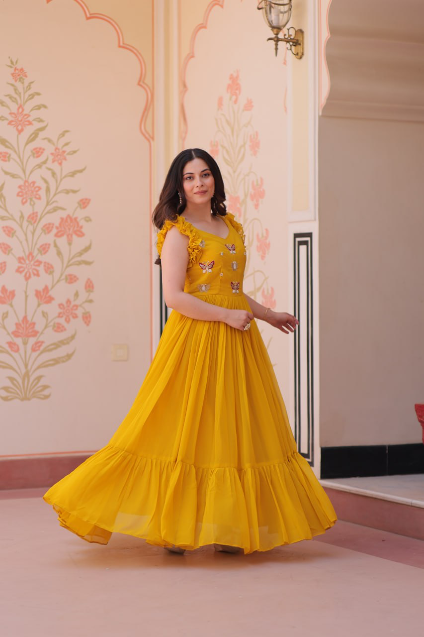 Handmade Mustard Yellow Maxi Dress – Ethnic Indian Embroidered Butterfly Gown | Boho Party Wear Long Dress for Women (BLACKLUXE CRAFTS) - BLACKLUXECRAFTS