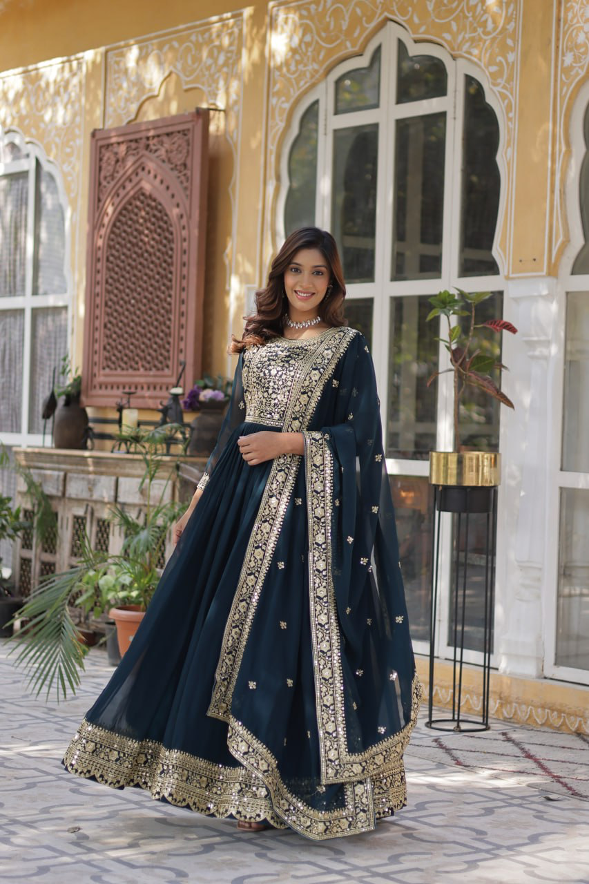 Handmade Teal Blue Anarkali Gown with Dupatta – Indian Ethnic Party Wear Dress for Women | Designer Wedding & Festive Outfit (BLACKLUXE CRAFTS)
