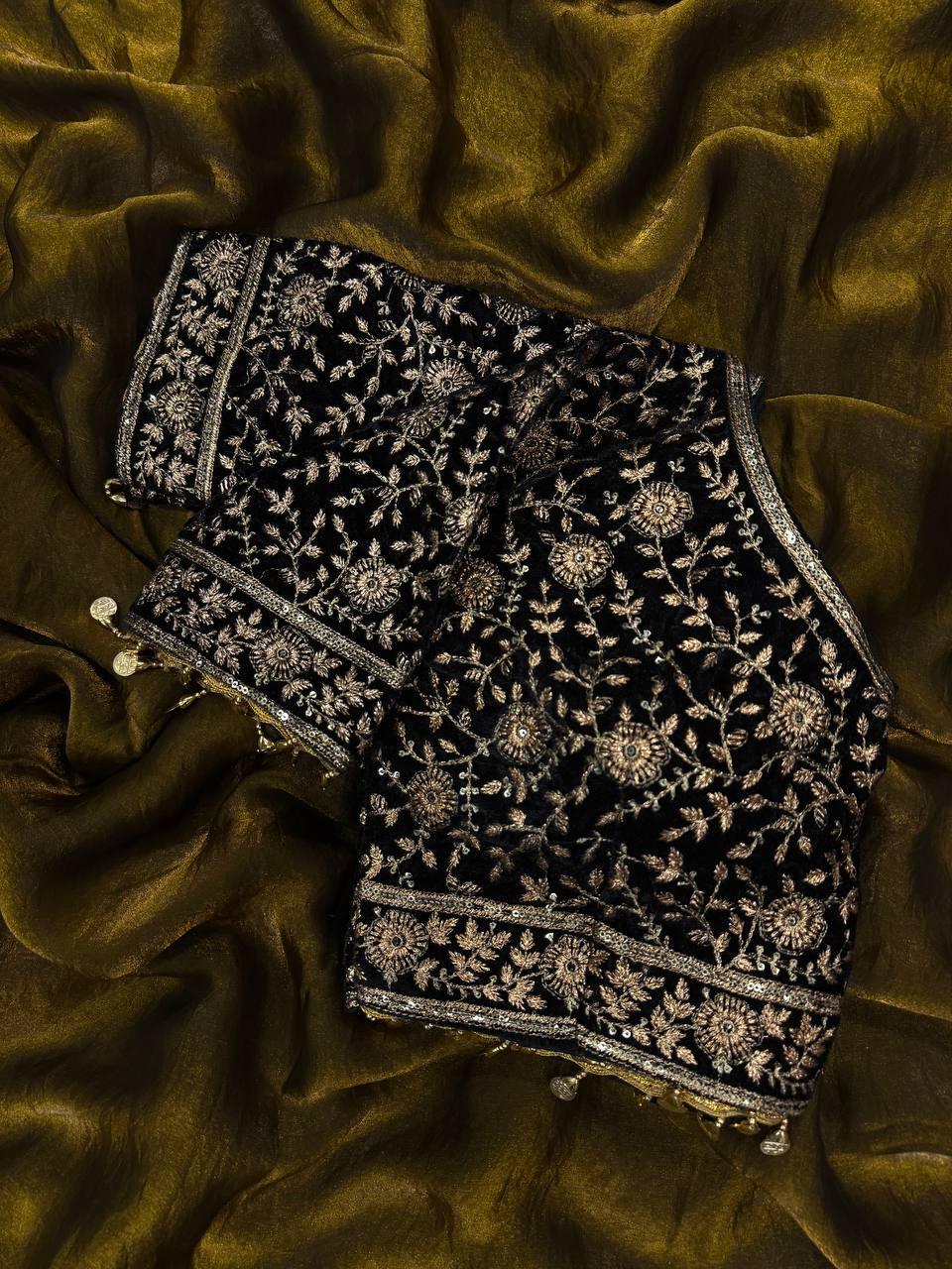 Women’s Luxe Olive-Gold Silk Saree with Heavily Embellished Blouse & Border – Ideal for Evening, Wedding & Reception Wear (BLACK LUXE CRAFTS) - BLACKLUXECRAFTS