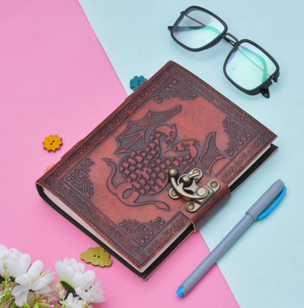 Handmade Brown Leather Journal with Dragon Embossing – Vintage Lock Diary for Writing, Sketching & Gifting (BLACKLUXE CRAFTS) - BLACKLUXECRAFTS
