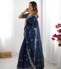 Handmade Navy Blue Embroidered Saree – Elegant Georgette Indian Ethnic Wear | Traditional Party & Wedding Saree for Women Worldwide (BLACKLUXE CRAFTS)