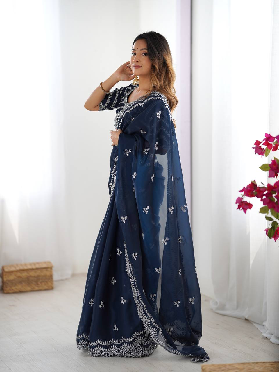Handmade Navy Blue Embroidered Saree – Elegant Georgette Indian Ethnic Wear | Traditional Party & Wedding Saree for Women Worldwide (BLACKLUXE CRAFTS)