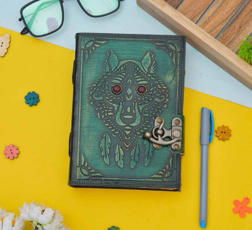 Wolf Spirit Leather Journal – Handmade Tribal Notebook with Lock & Gemstone Eyes | Vintage Boho Diary, Wiccan Grimoire, Pagan Gift (BLACKLUXE CRAFTS) - BLACKLUXECRAFTS