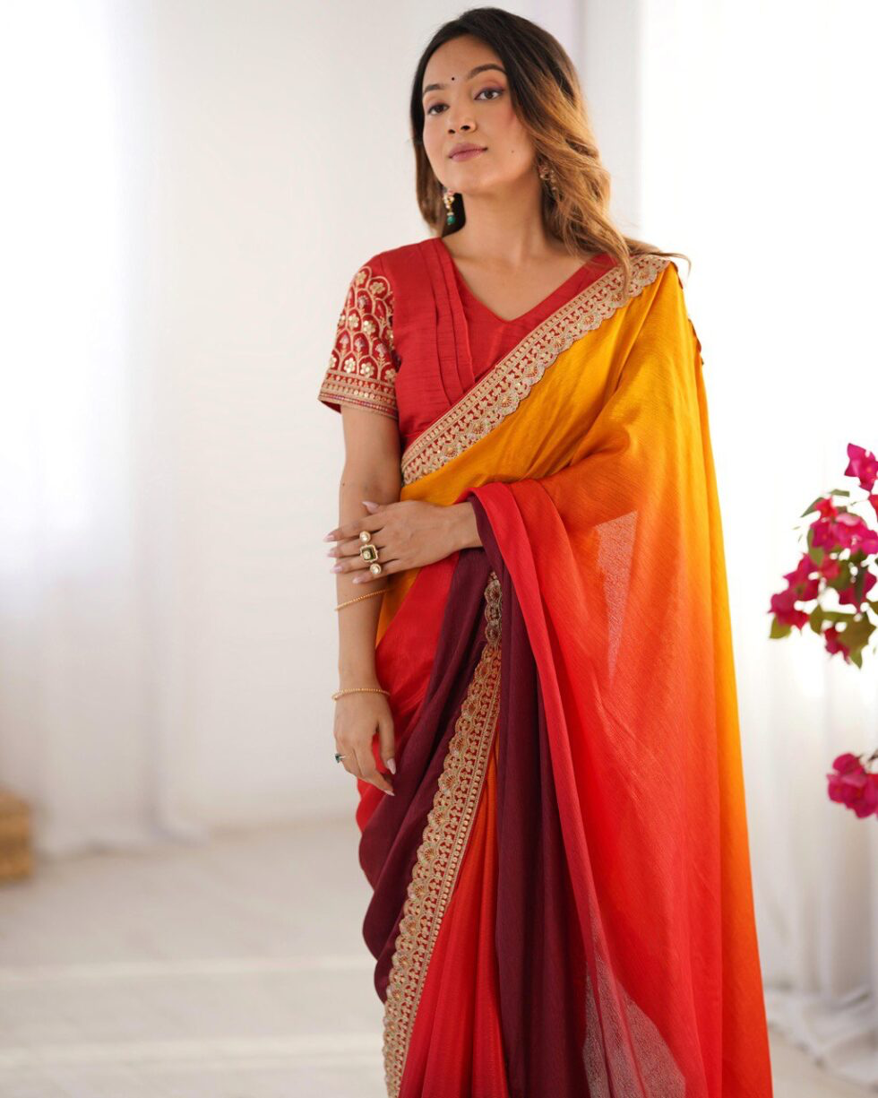 Handmade Designer Ombre Saree in Red & Yellow – Indian Traditional Wedding & Party Wear – Handcrafted Ethnic Saree for Women (BLACKLUXE CRAFTS)