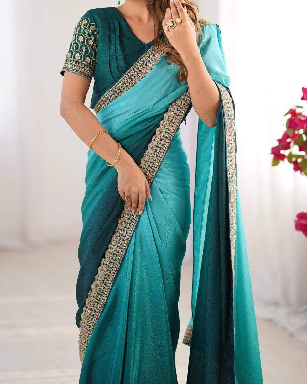 Handmade Teal Green Saree with Golden Border – Traditional Indian Ethnic Wear – Elegant Party & Wedding Saree – Artisan Crafted from India (BLACKLUXE CRAFTS)