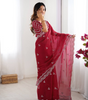 Handmade Red Georgette Saree with White Embroidery – Indian Ethnic Bridal & Party Wear – Elegant Designer Sari for Women Worldwide (BLACKLUXE CRAFTS)