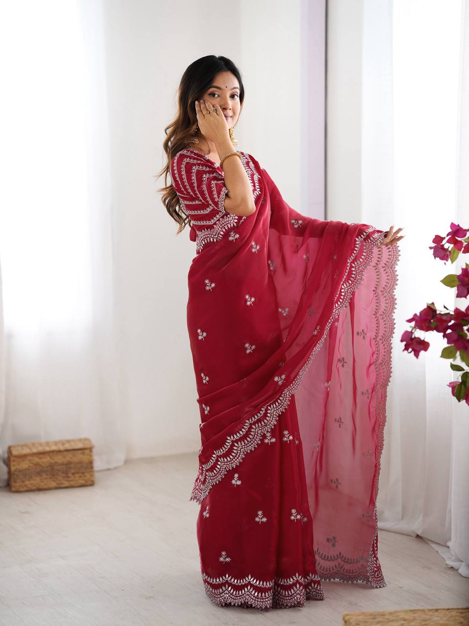Handmade Red Georgette Saree with White Embroidery – Indian Ethnic Bridal & Party Wear – Elegant Designer Sari for Women Worldwide (BLACKLUXE CRAFTS)