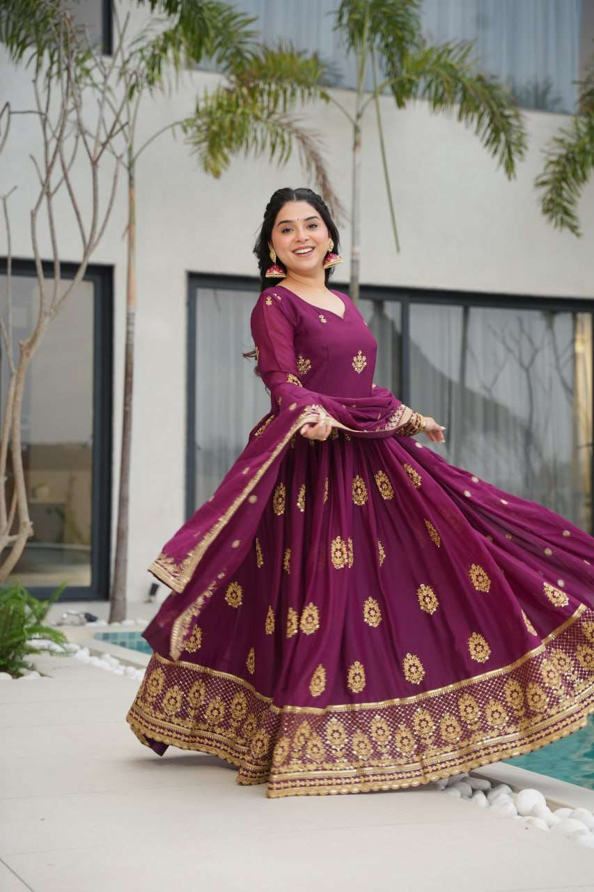 Handmade Purple Anarkali Gown with Dupatta | Indian Embroidered Ethnic Dress | Wedding & Party Wear Outfit for Women (BLACKLUXE CRAFTS)