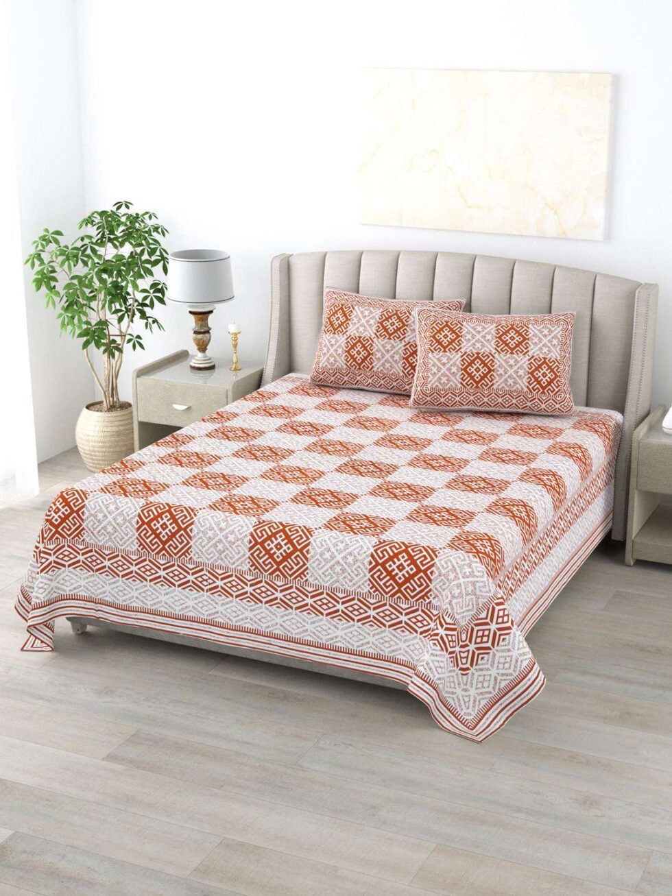 Handmade Cotton Block Print Bed Sheet with Pillow Covers – Rust & White Geometric Jaipuri King Size Bedsheet – Ethnic Indian Bedding Set (BLACKLUXE CRAFTS) - BLACKLUXECRAFTS