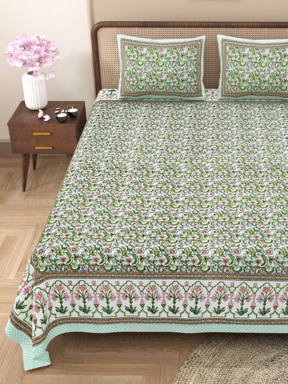 Handmade Cotton Floral Bedsheet with Pillow Covers – Green Pink Block Print King Size Bedspread | Indian Handcrafted Bedding (BLACKLUXE CRAFTS) - BLACKLUXECRAFTS