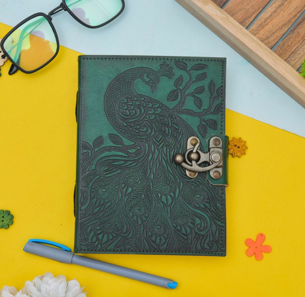 Handmade Green Leather Journal with Peacock Embossing – Vintage Lock Diary for Writing, Sketching & Gifting (BLACKLUXE CRAFTS) - BLACKLUXECRAFTS