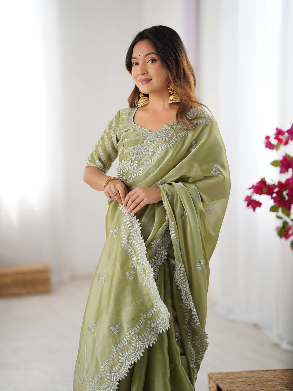 Handmade Olive Green Chikankari Embroidered Saree – Pure Georgette Traditional Indian Saree with Blouse | Wedding, Party & Ethnic Wear (BLACKLUXE CRAFTS)
