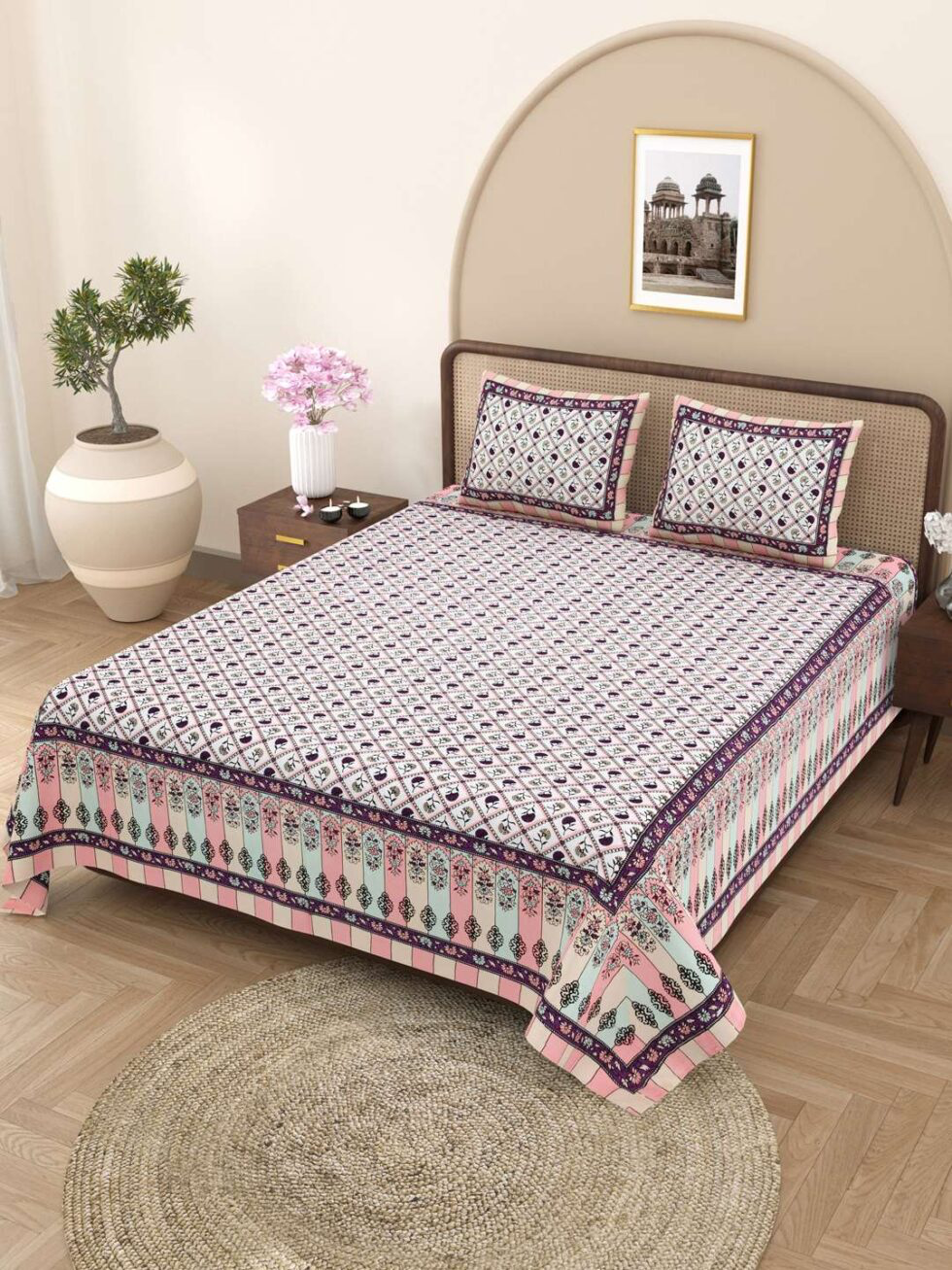 Handmade Cotton Double Bed Sheet with Pillow Covers – Pink & Purple Floral Jaipuri Block Print | Ethnic Indian Bedding (BLACKLUXE CRAFTS) - BLACKLUXECRAFTS