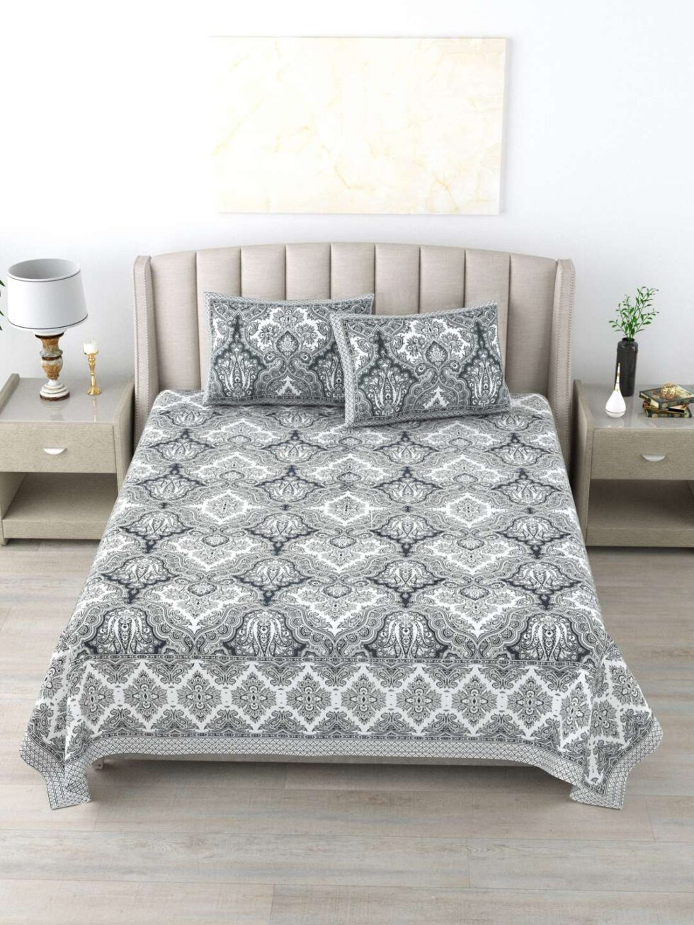 Handmade Cotton Bed Sheet with Pillow Covers – Black & White Paisley Block Print, Queen Size, Ethnic Indian Bedding Set (BLACKLUXE CRAFTS) - BLACKLUXECRAFTS