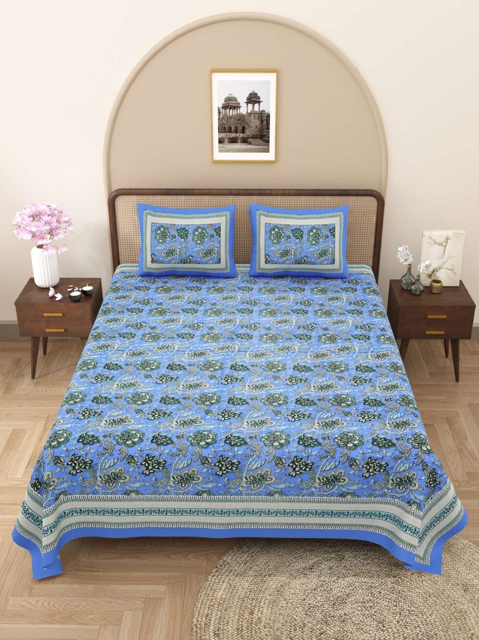 Handmade Cotton Bedsheet with Pillow Covers – Blue Floral Block Print King Size Bedspread from India (BLACKLUXE CRAFTS) - BLACKLUXECRAFTS