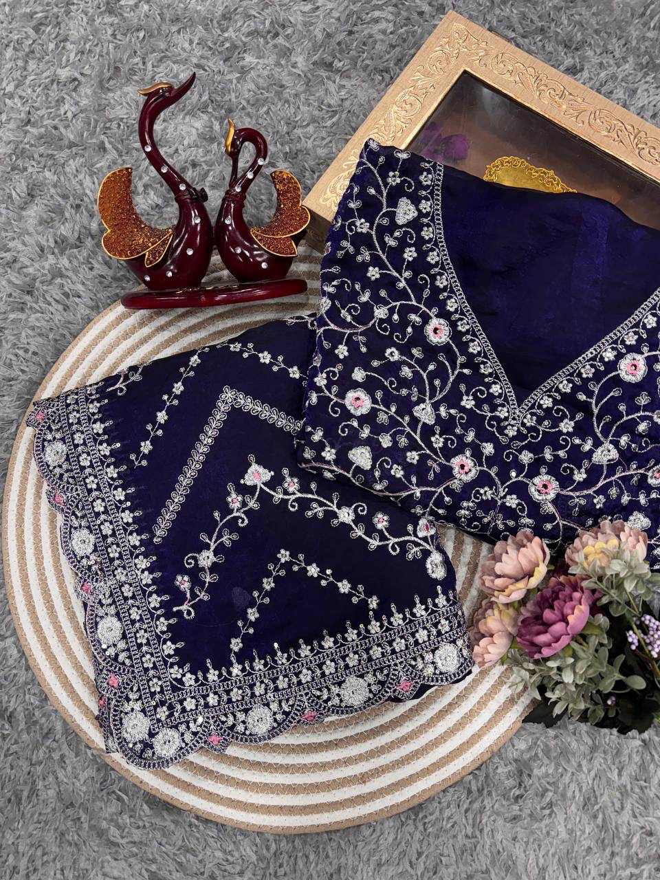 Handmade Indian Navy Blue Embroidered Salwar Sarees | Traditional Ethnic Anarkali Dress with Dupatta – Wedding & Party Wear (BLACKLUXE CRAFTS)