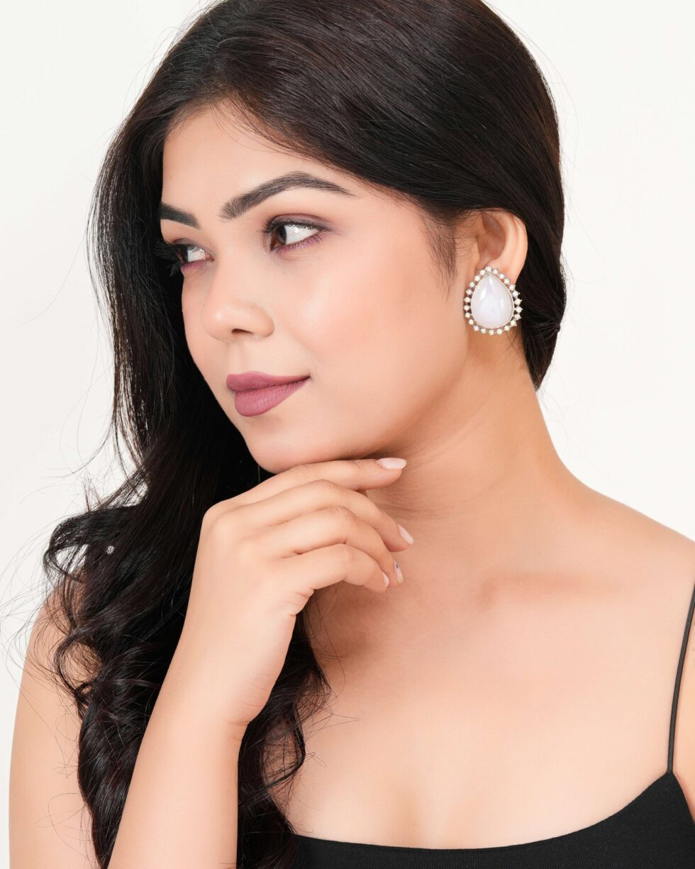 Elegant Teardrop White Crystal Stud Earrings for Women Vintage Style with Sparkling Rhinestone Border (BLACKLUXE CRAFTS) - BLACKLUXECRAFTS