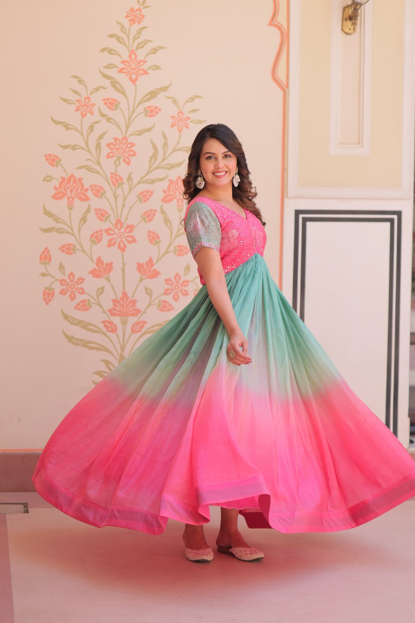 Women’s Ombre Anarkali Gown – Pink & Green Designer Ethnic Party Wear Dress (BLACKLUXE CRAFTS) - BLACKLUXECRAFTS