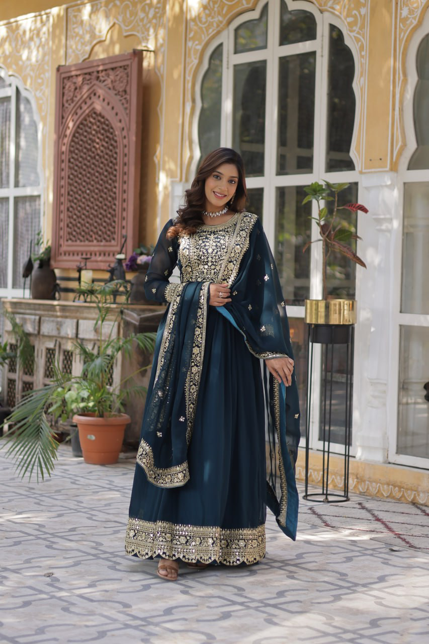 Handmade Teal Blue Anarkali Gown with Dupatta – Indian Ethnic Party Wear Dress for Women | Designer Wedding & Festive Outfit (BLACKLUXE CRAFTS)