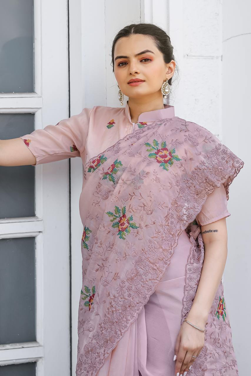 Handmade Pink Floral Embroidered Saree – Elegant Designer Organza Silk Sari for Women | Indian Traditional Wedding & Party Wear – Made in India (BLACKLUXE CRAFTS)