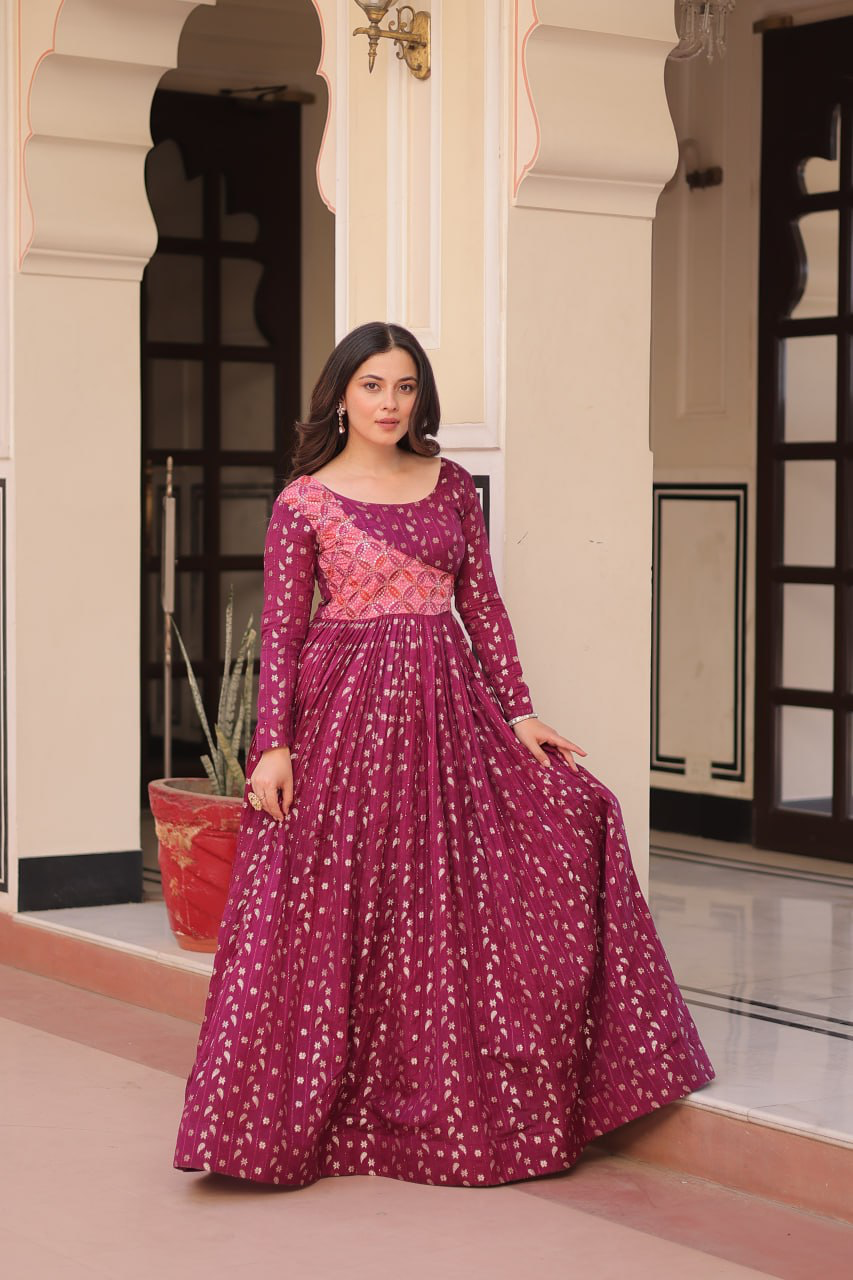 Handmade Indian Anarkali Maxi Dress – Maroon Silk Blend Gown with Gold Print | Long Ethnic Party Wear | Designer Women’s Outfit from India (BLACKLUXE CRAFTS)