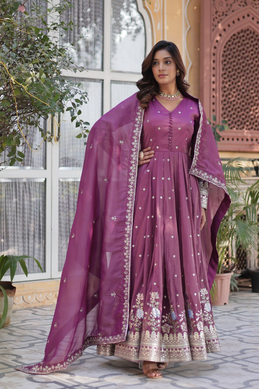 Handmade Designer Purple Anarkali Gown with Embroidered Dupatta | Indian Ethnic Wedding & Party Wear Dress for Women (BLACKLUXE CRAFTS)