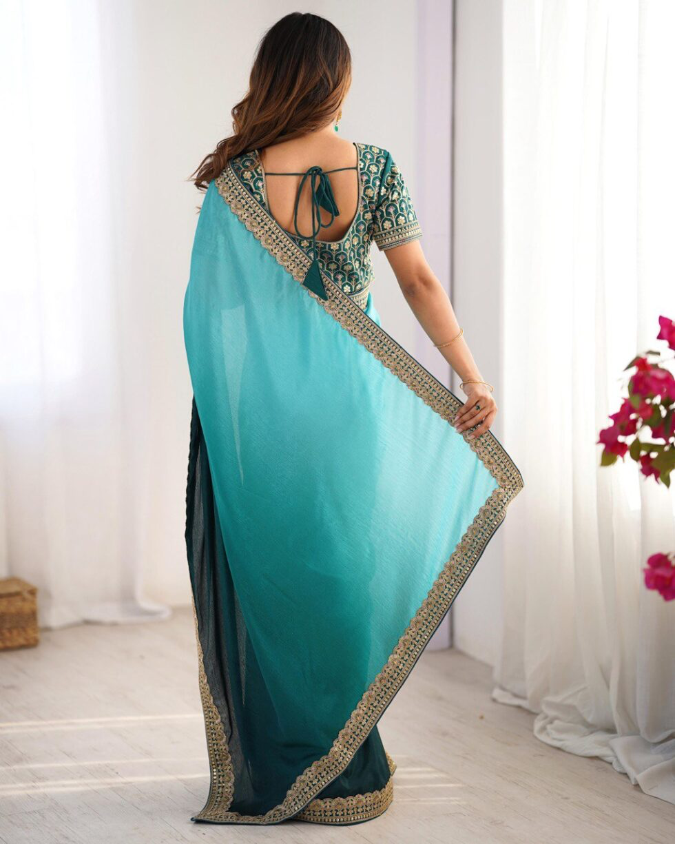 Handmade Teal Green Saree with Golden Border – Traditional Indian Ethnic Wear – Elegant Party & Wedding Saree – Artisan Crafted from India (BLACKLUXE CRAFTS)
