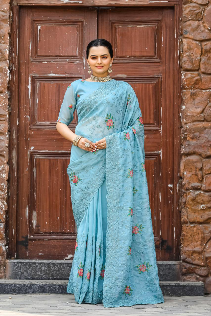 Handmade Light Blue Floral Embroidered Saree – Pure Indian Ethnic Wear | Designer Organza Saree for Weddings & Parties (BLACKLUXE CRAFTS)