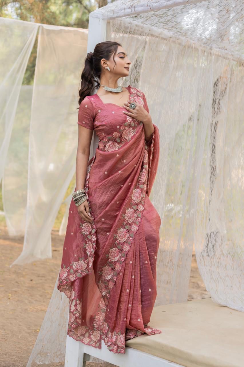 Handmade Pink Organza Saree with Intricate Floral Embroidery – Elegant Indian Designer Saree for Weddings & Parties (BLACKLUXE CRAFTS)