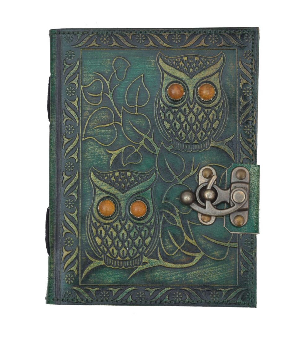 Handmade Green Leather Journal with Owl Embossing – Vintage Lock Diary for Writing, Sketching & Gifting (BLACKLUXE CRAFTS) - BLACKLUXECRAFTS