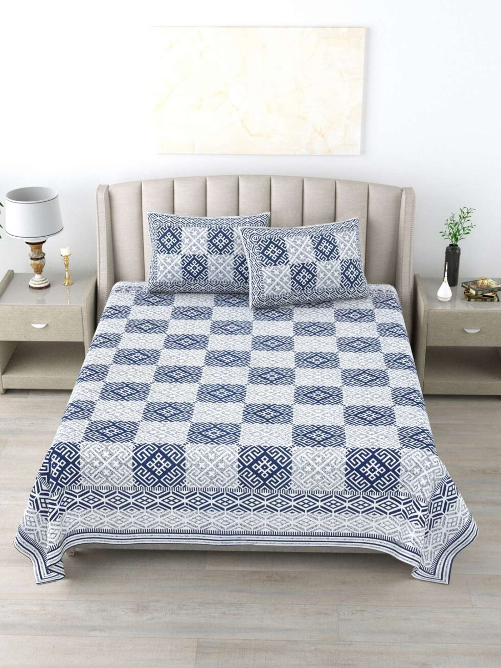 Handmade Cotton Bedsheet with Pillow Covers – Blue White Geometric Hand Block Print | Queen/King Size Bedspread from India (BLACKLUXE CRAFTS) - BLACKLUXECRAFTS