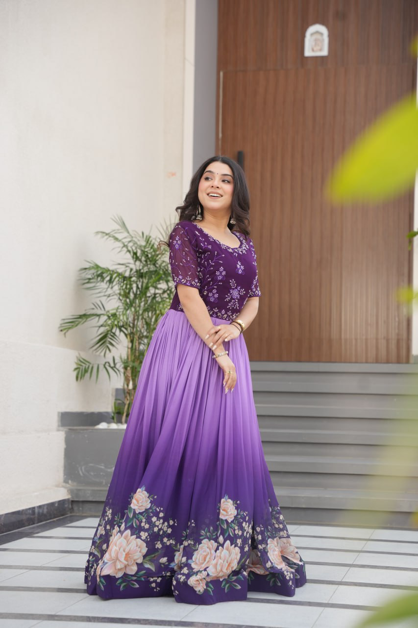 Handmade Purple Floral Maxi Dress for Women – Elegant Indian Ethnic Gown | Boho Party Wear Evening Outfit (BLACKLUXE CRAFTS)