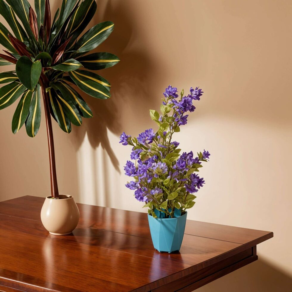 Handmade Artificial Purple Flower Plant in Blue Pot – Realistic Home & Office Table Decor | Eco-Friendly Craft from India (BLACKLUXE CRAFTS)