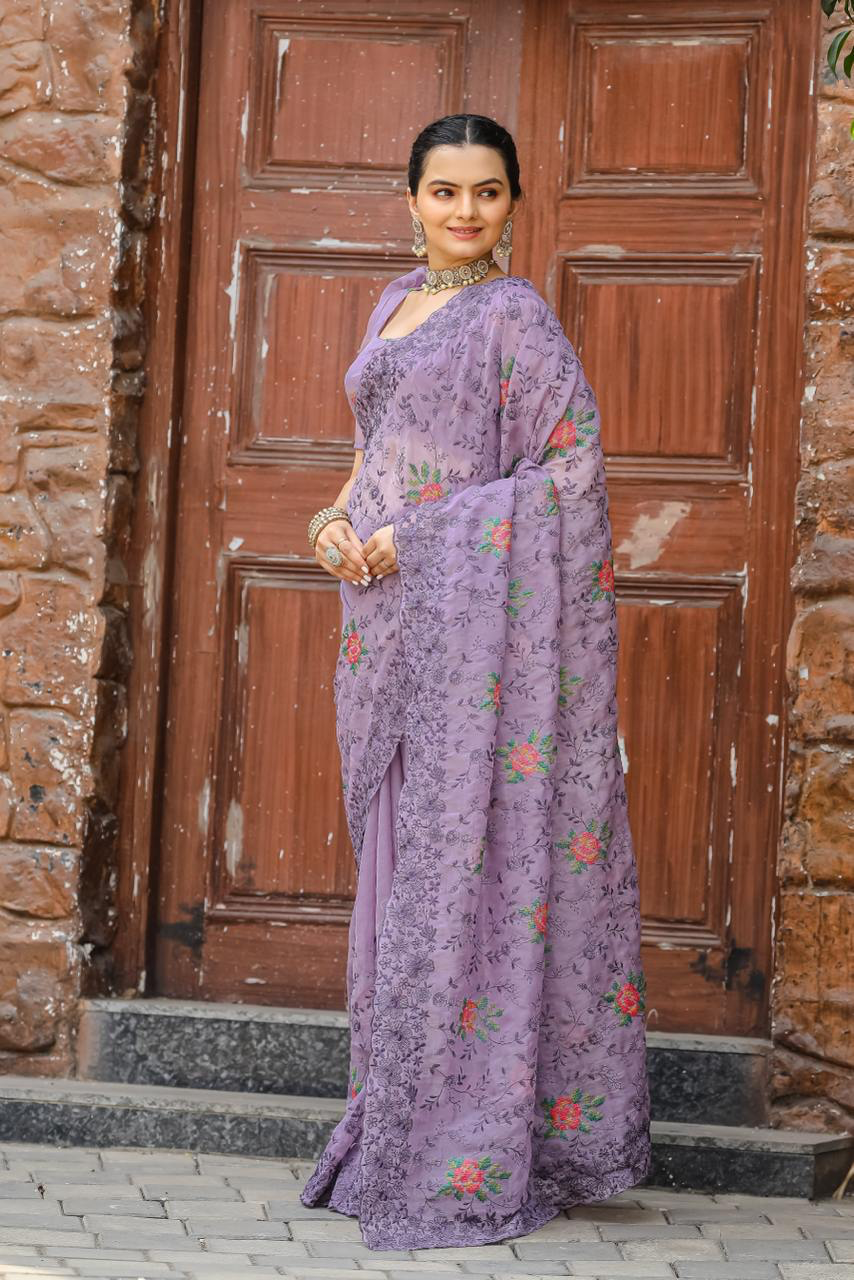 Handmade Lavender Embroidered Saree with Floral Detailing – Elegant Designer Indian Ethnic Wear for Women | Wedding & Party Wear (BLACKLUXE CRAFTS)