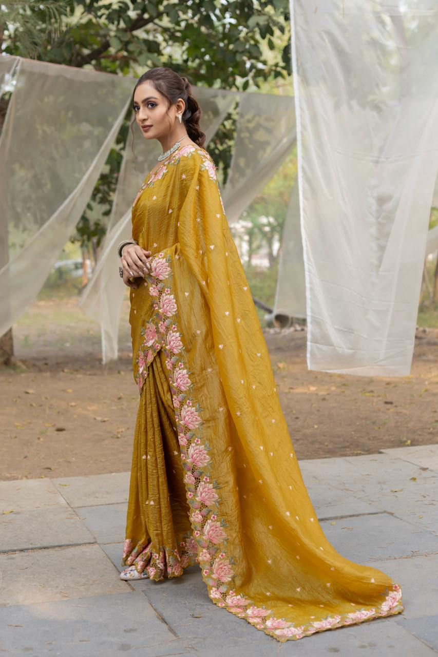 Handmade Mustard Yellow Floral Embroidered Saree | Pure Organza Silk Traditional Indian Sari with Blouse Piece | Elegant Wedding & Party Wear from India (BLACKLUXE CRAFTS)