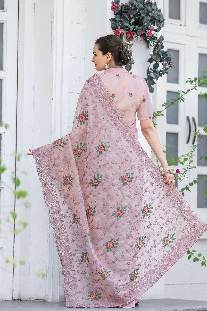 Handmade Pink Floral Embroidered Saree – Elegant Designer Organza Silk Sari for Women | Indian Traditional Wedding & Party Wear – Made in India (BLACKLUXE CRAFTS)