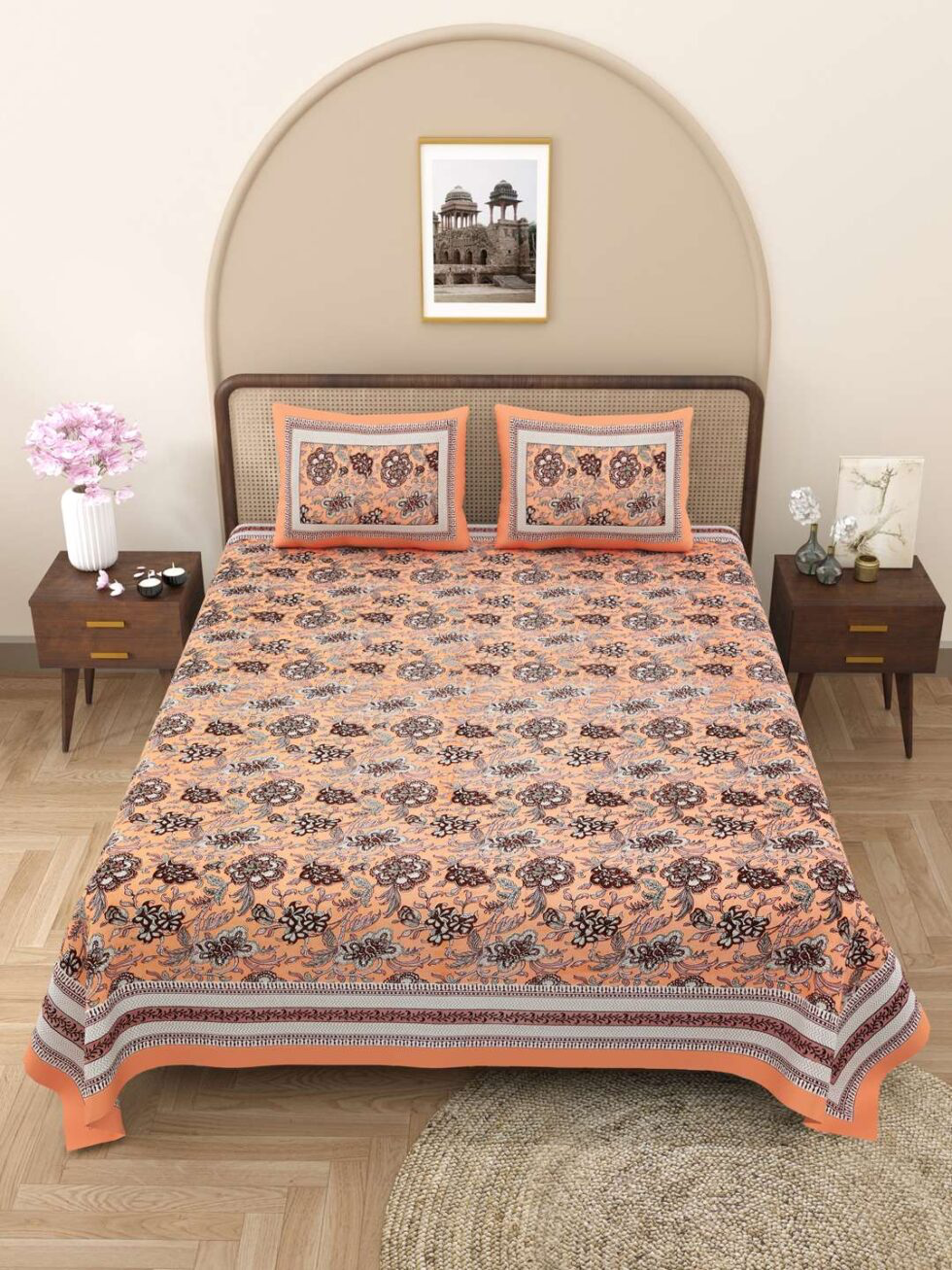Handmade Peach Floral Cotton Bedsheet with Pillow Covers – Indian Block Print King Size Bedspread (BLACKLUXE CRAFTS) - BLACKLUXECRAFTS