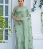 Handmade Pastel Green Floral Embroidered Saree – Pure Georgette Indian Ethnic Wear for Women | Elegant Wedding & Party Outfit from India (BLACKLUXE CRAFTS)