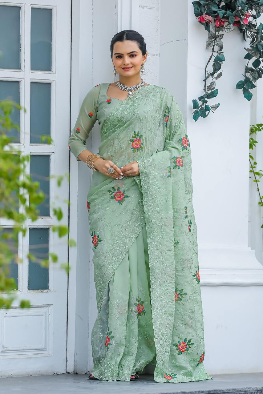 Handmade Pastel Green Floral Embroidered Saree – Pure Georgette Indian Ethnic Wear for Women | Elegant Wedding & Party Outfit from India (BLACKLUXE CRAFTS)