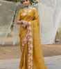 Handmade Mustard Yellow Floral Embroidered Saree | Pure Organza Silk Traditional Indian Sari with Blouse Piece | Elegant Wedding & Party Wear from India (BLACKLUXE CRAFTS)