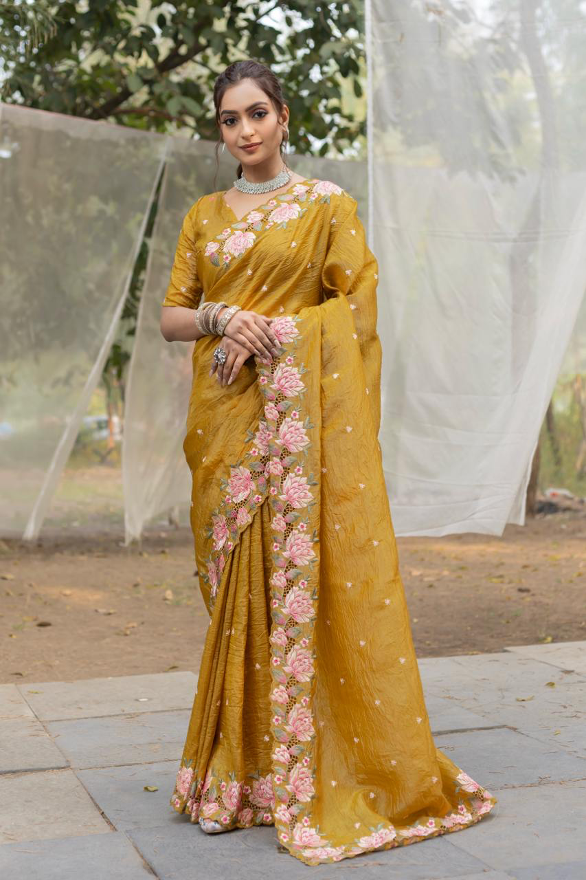 Handmade Mustard Yellow Floral Embroidered Saree | Pure Organza Silk Traditional Indian Sari with Blouse Piece | Elegant Wedding & Party Wear from India (BLACKLUXE CRAFTS)