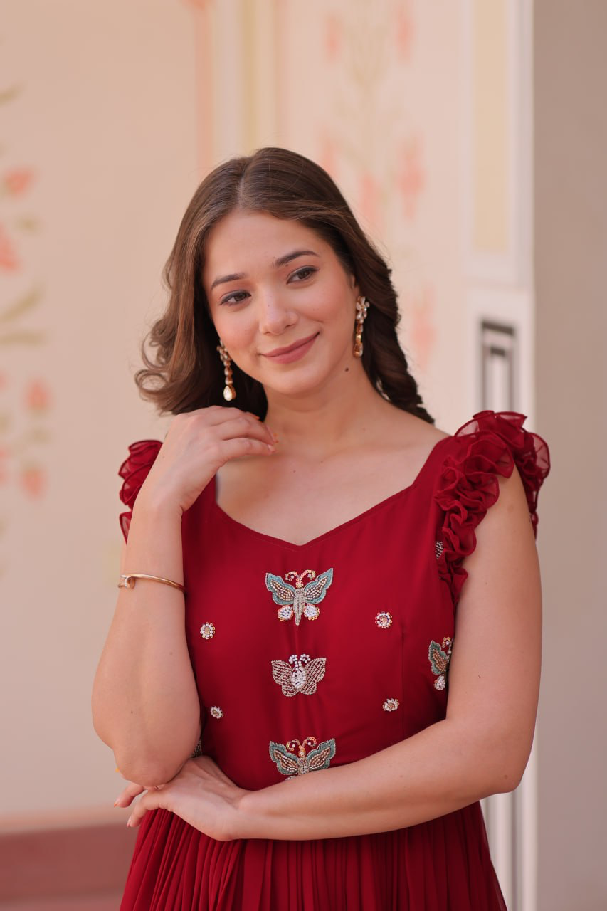 Handmade Red Embroidered Maxi Dress for Women – Elegant Butterfly Design Ethnic Gown | Indian Artisan Boho Evening Wear (BLACKLUXE CRAFTS)