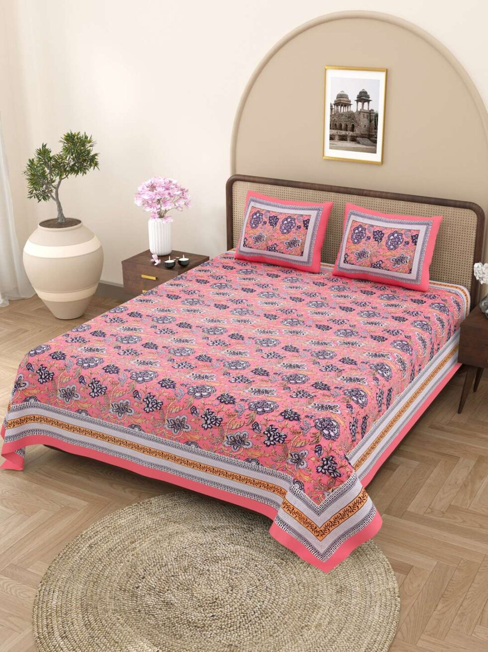 Handmade Pink Floral Cotton Bedsheet Set with Pillow Covers | Indian Block Print Bedspread | Queen Size Bohemian Bedding (BLACKLUXE CRAFTS) - BLACKLUXECRAFTS