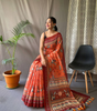 Handmade Indian Saree – Orange Cotton Silk Saree with Traditional Madhubani Print | Elegant Ethnic Wear for Women (BLACKLUXE CRAFTS)