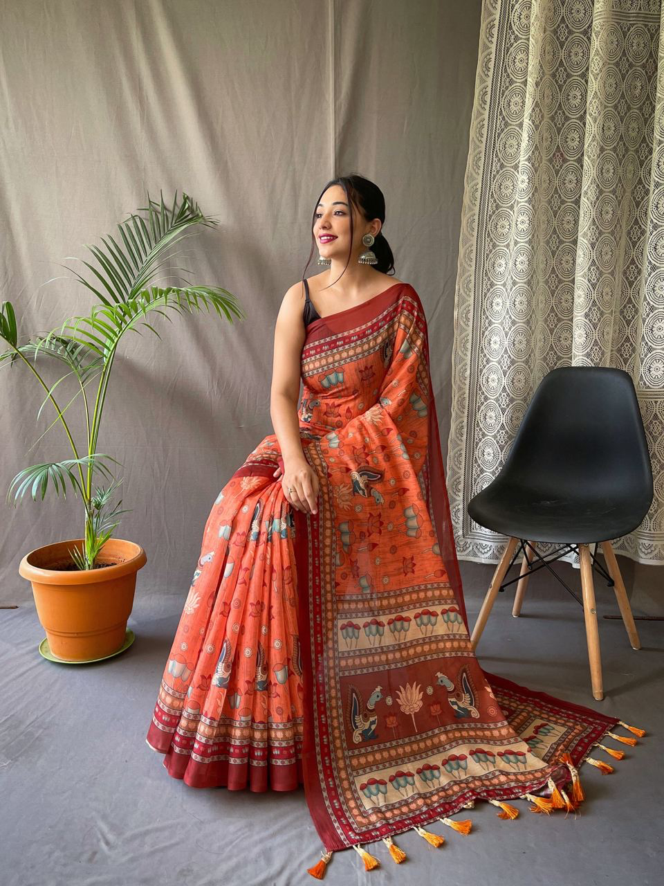 Handmade Indian Saree – Orange Cotton Silk Saree with Traditional Madhubani Print | Elegant Ethnic Wear for Women (BLACKLUXE CRAFTS)