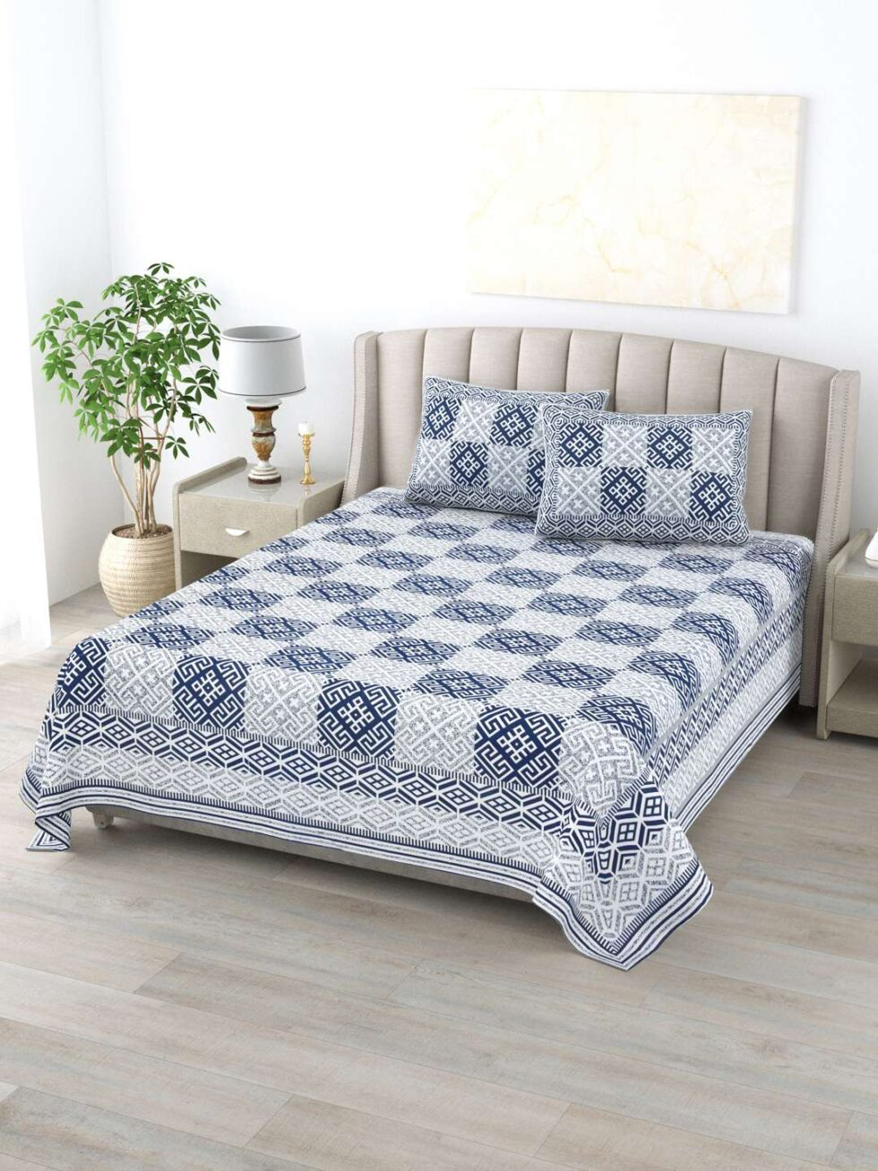 Handmade Cotton Bedsheet with Pillow Covers – Blue White Geometric Hand Block Print | Queen/King Size Bedspread from India (BLACKLUXE CRAFTS) - BLACKLUXECRAFTS